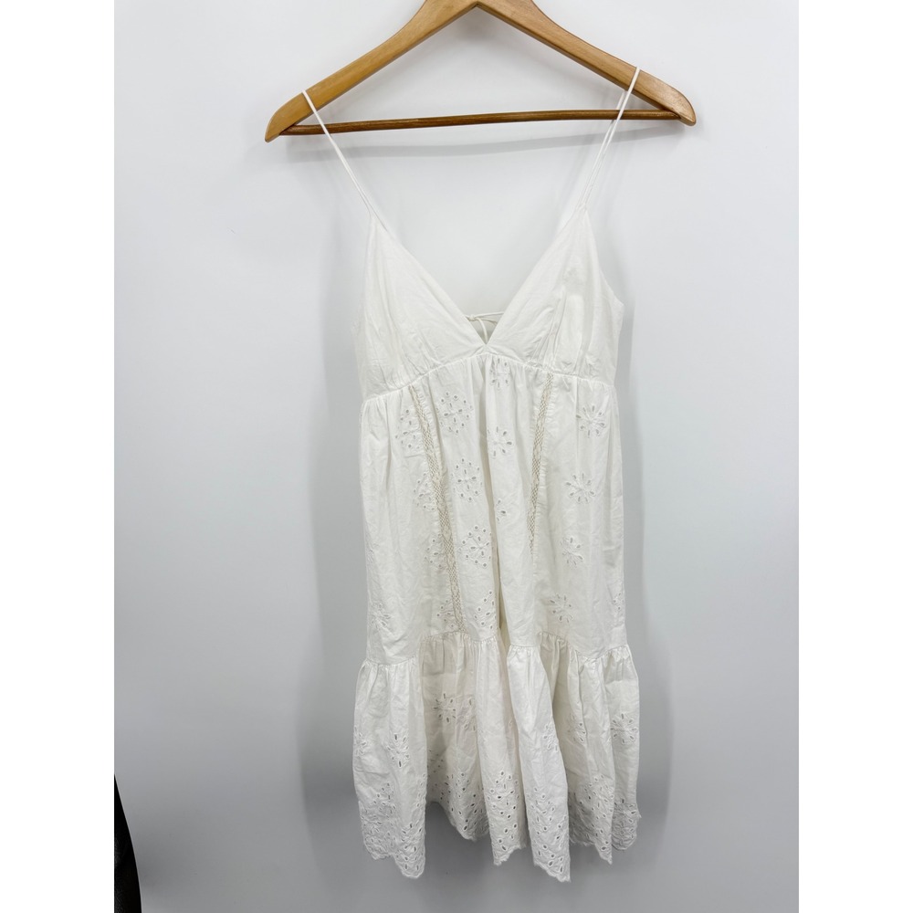 Zara Eyelet Tiered Mini Dress Women Size M White Embroidered Boho Sun Dress